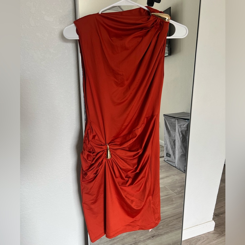 Elegant orange Sleeveless Dress with Gold Accent